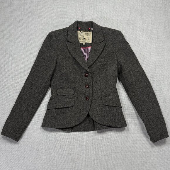 Jack Wills Tailored Blazer Herringbone Gray Wool Three Button Front Size 6 - Picture 1 of 12